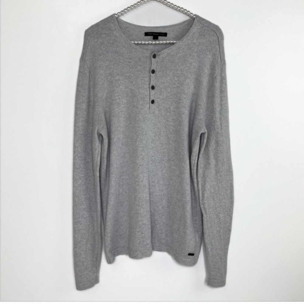 John Varvatos Gray Slim Fit Shevron Stitch Soft Wool Henley Sweater Size Large